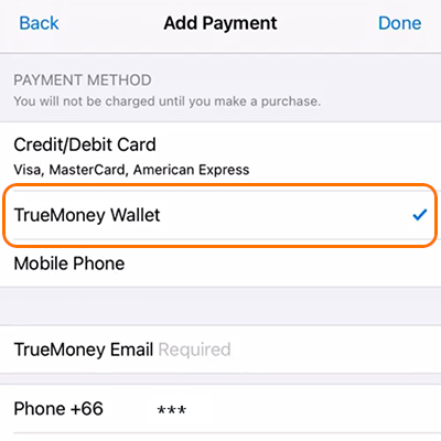 App Storeเมื่อซื้อแอป เติมเกมครั้งแรกด้วยทรูมันนี่10 ส.ค. 66 - 10 ต.ค. 66 3. เพิ่ม <b>TrueMoney Wallet</b> เป็นช่องทางการชำระเงิน