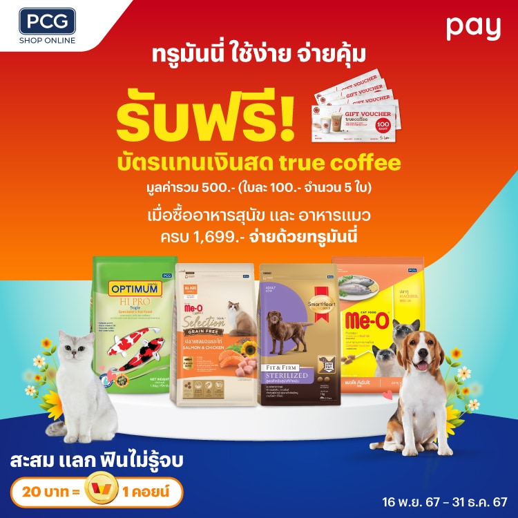 PCGเมื่อซื้ออาหารสัตว์เลี้ยง 1,699 บาท16 พ.ย. 67 - 31 ธ.ค. 67 โปรโมชันทรูมันนี่
