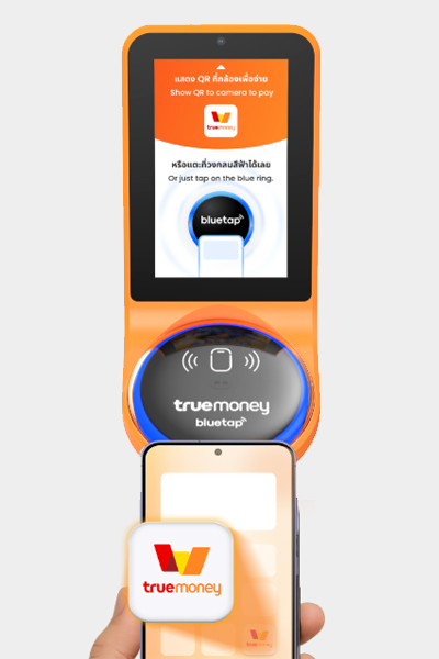1. <b>แตะจ่ายที่เครื่อง Bluetap</b> เพียงแค่ปลดล็อคมือถือ<br>โดยไม่ต้องเปิดแอปทรูมันนี่