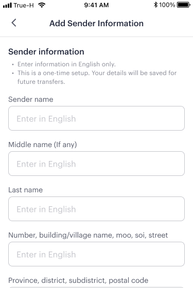 oversea-transfer-en-transfer-new-account-6 6. Enter your personal information as the sender. TrueMoney will verify your account details. If additional verification is required, TrueMoney will notify you via the TrueMoney app.
