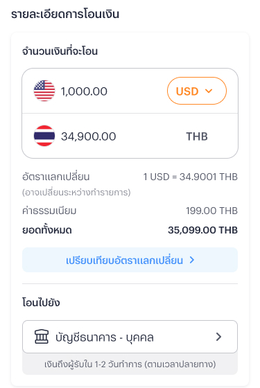 2. กรอกจำนวนเงินที่ต้องการโอน ระบบจะแสดงอัตราแลกเปลี่ยนแบบเรียลไทม์และค่าธรรมเนียม