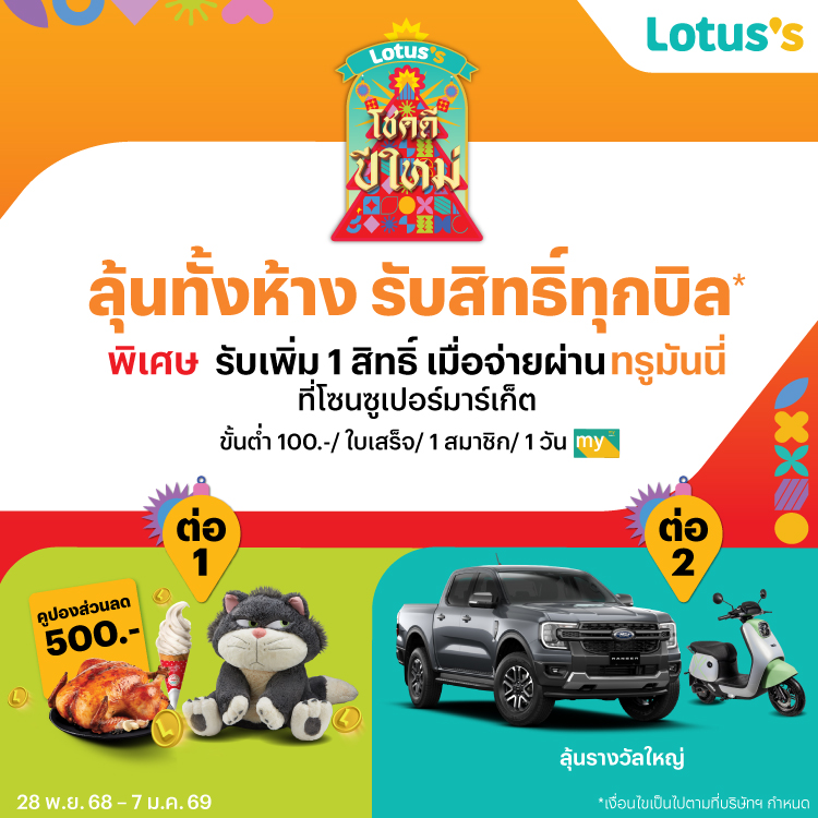 Lotus'sลุ้นทั้งห้าง รับสิทธิ์ทุกบิลที่โลตัส เฉพาะลูกค้าทรูมันนี่ รับเพิ่ม 1 สิทธิ์28 พ.ย. 68 - 7 ม.ค. 69 โปรโมชันทรูมันนี่