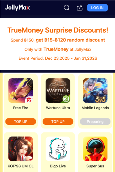 1. เข้าไปที่หน้าโปรโมชั่นของทรูมันนี่ หรือ <br /><a class='btn--textlink' href='https://www.jollymax.com/th/market/paymentdeals'>https://www.jollymax.com/th/market/paymentdeals</a>